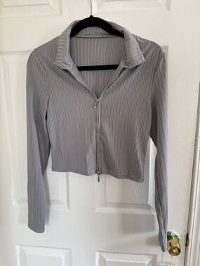 SHEIN Light Gray Ribbed Zip-Up Long Sleeve Top